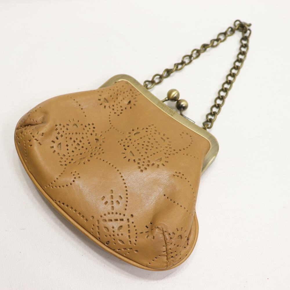 Kenneth Cole Reaction Satchel Handbag Tan Leather Floral Kiss Lock Chain Strap